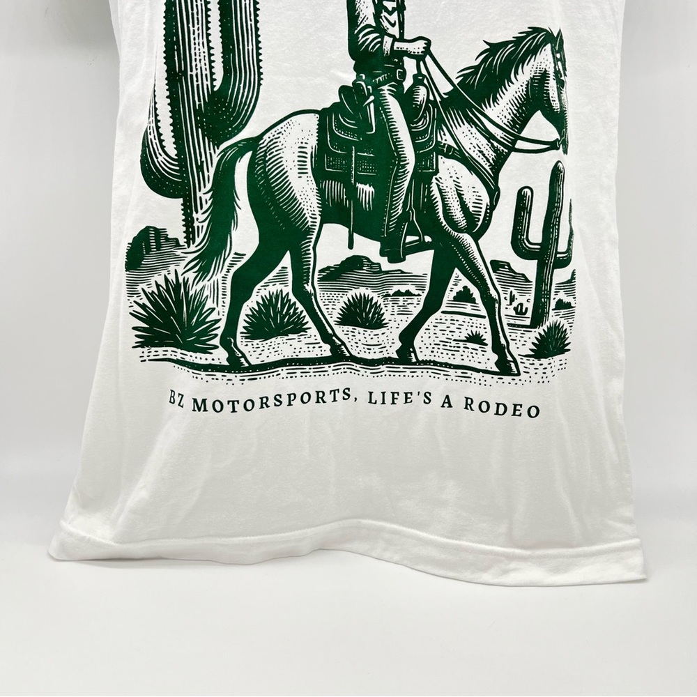 BZ Motorsports, Life’s A Rodeo White Cowboy Graphic T-Shirt w/Green/Orange Print - Picture 3 of 7
